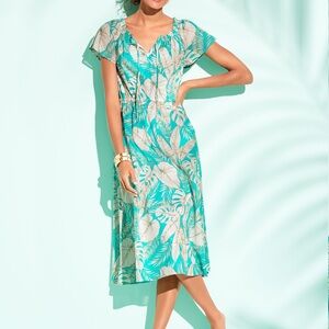 TALBOTS Fit & Flare Dress Sketched Leaves Tie Neck 100% Cotton Lined Size 15